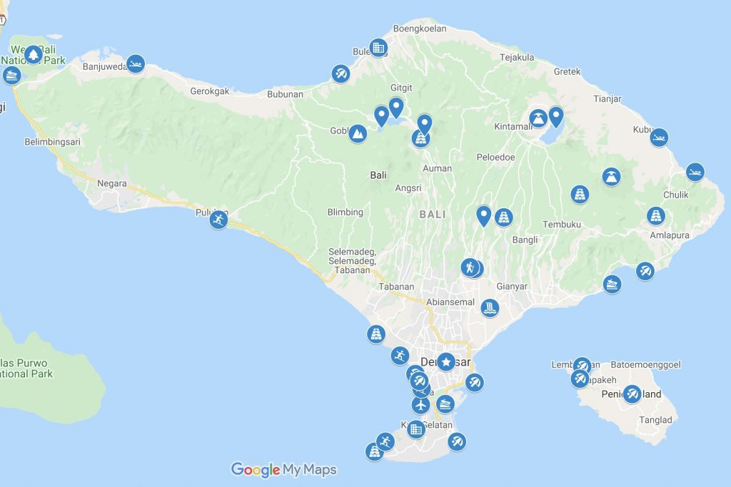 Map of Bali with blue icons