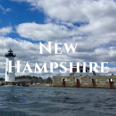 "New Hampshire" written across a photo of a lighthouse and stone building on the water.