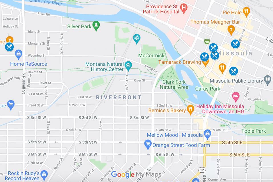 Map of Missoula, Montana with blue pins located over restaurants