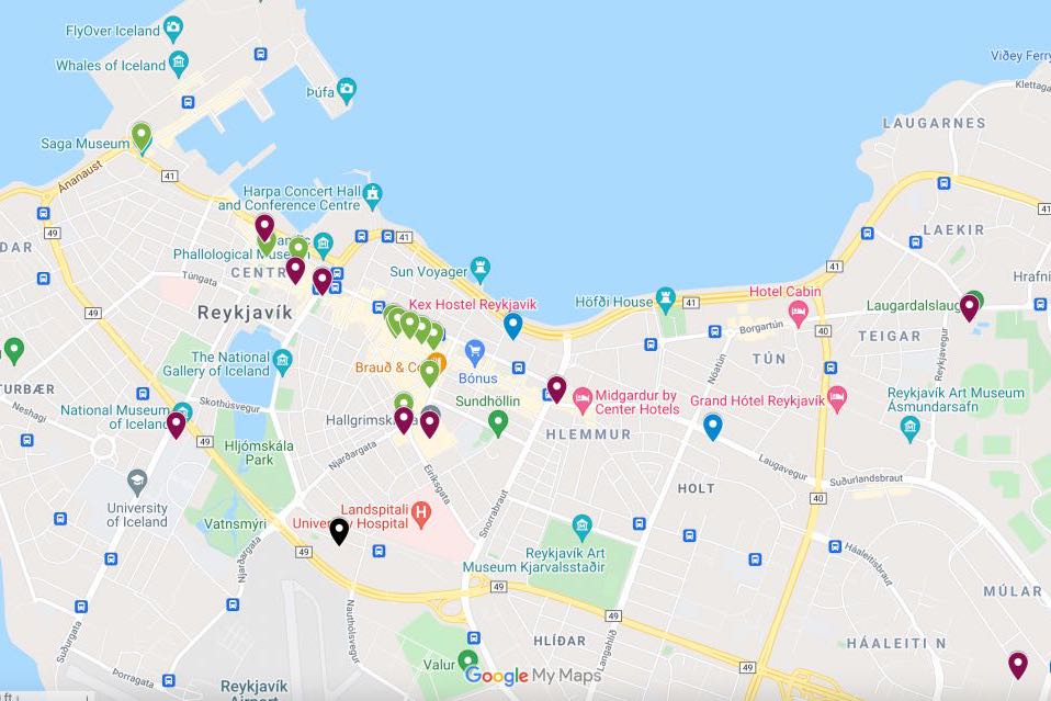 Map of Reykjavik, Iceland with blue, purple, and green pins overlaying attractions.