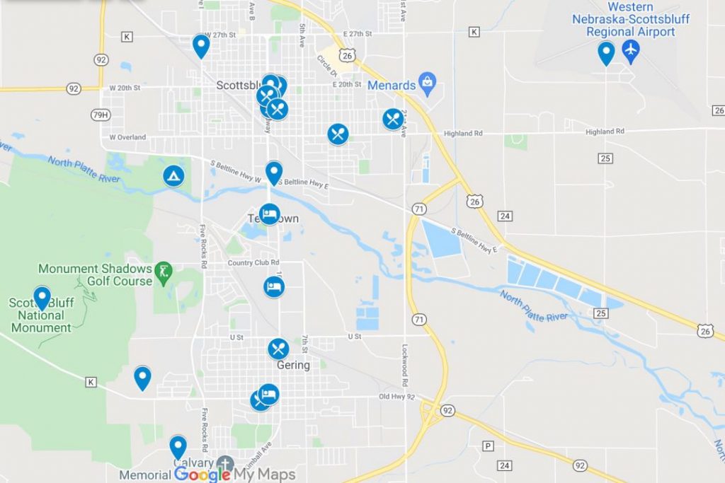 Street map of Scottsbluff, Nebraska with blue icons.