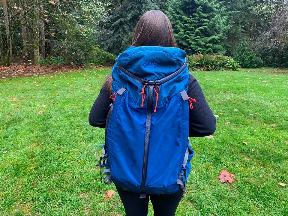 Woman facing away, wearing a large navy backpack and looking toward trees.
