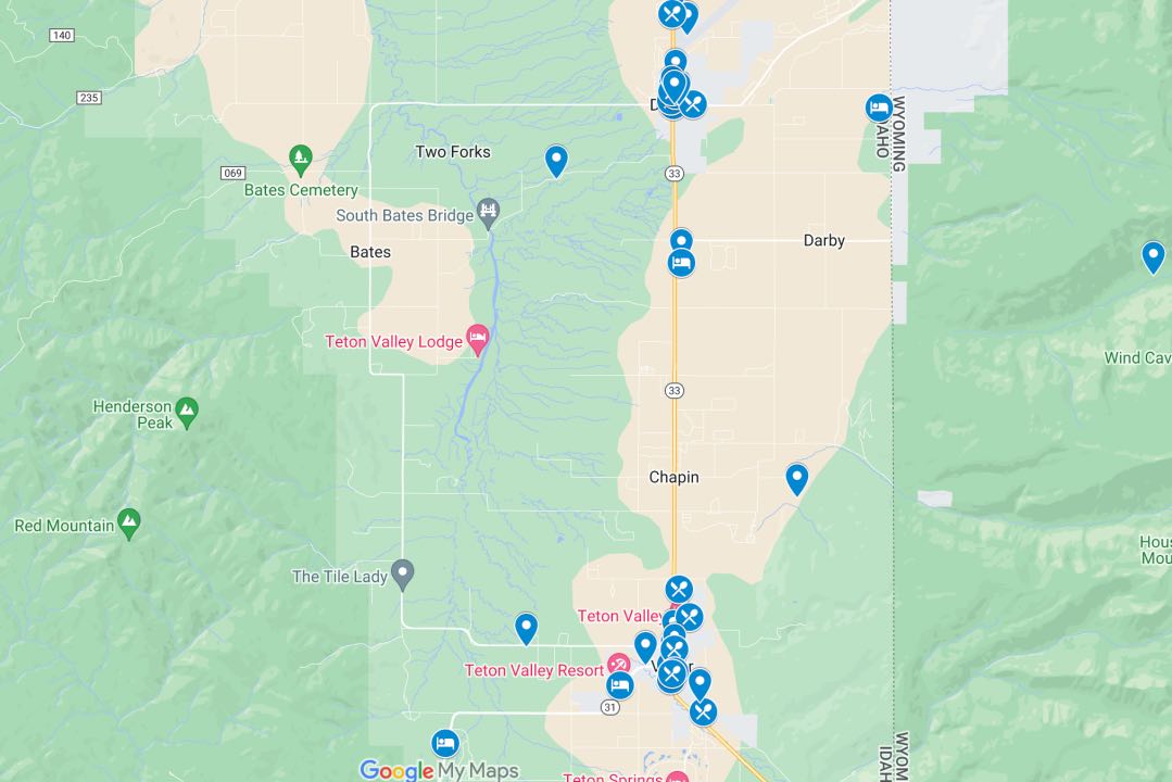Map showing pins of all the attractions and restaurants in the Teton Valley.