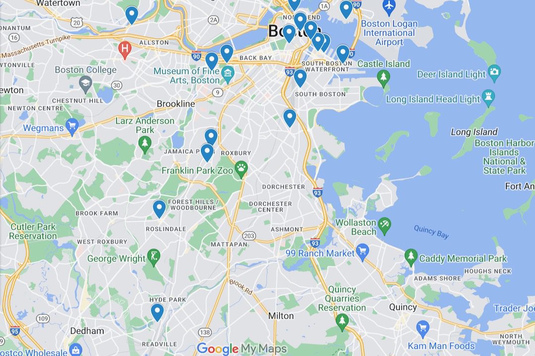 Map of Boston with blue pin indicating the location of breweries.