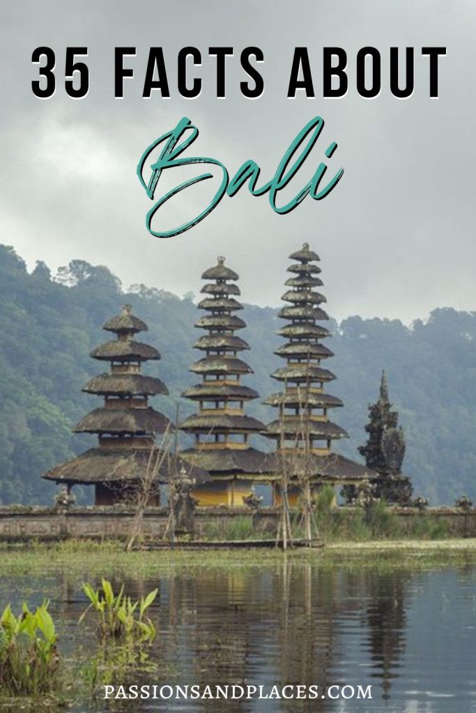 Three tall tiered temples sitting on a lake with tree-covered hills in the background, and text at the top reading 35 facts about Bali.